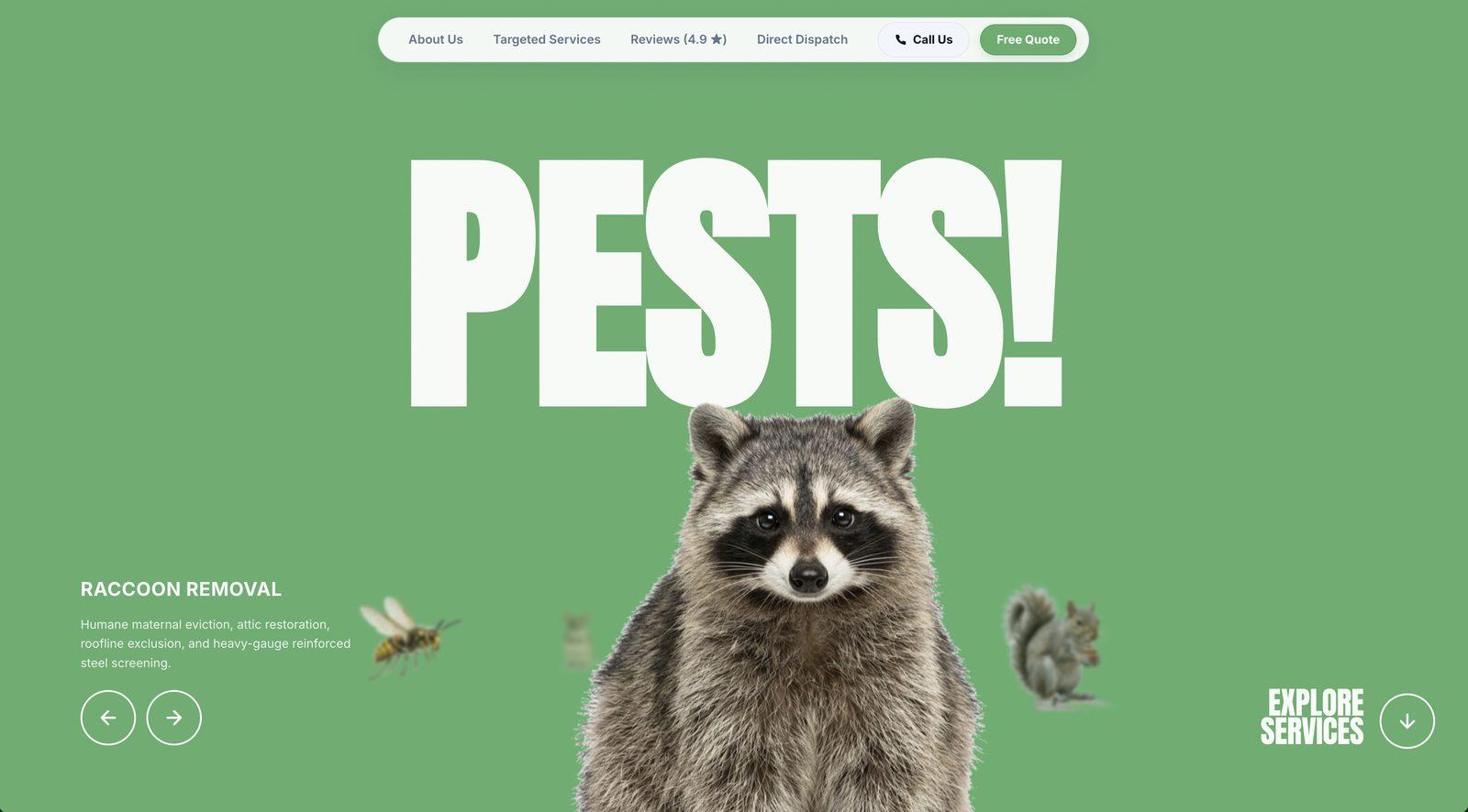 High-contrast pest control website design with bold service navigation and click-to-call booking by Studio Nallan.