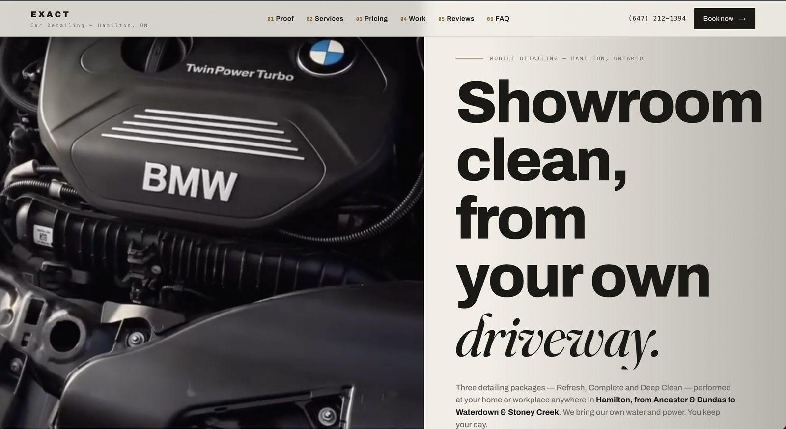 Modern automotive detailing website interface optimized for local search visibility and fast service reservations.