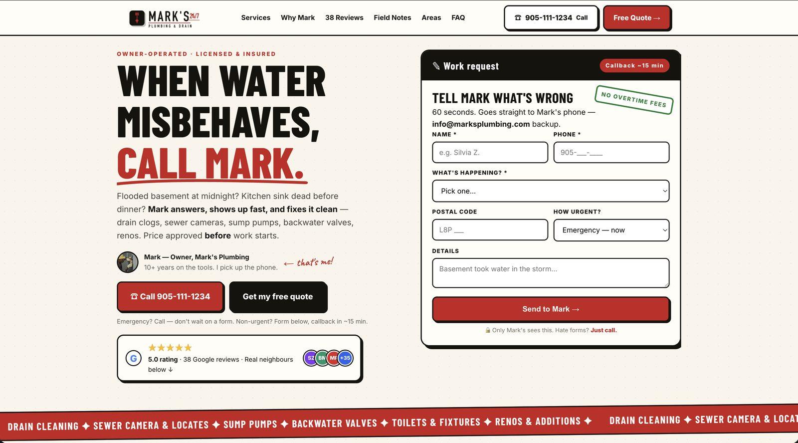 Clean, conversion-focused contractor website build for Mark's Plumbing with click-to-call mobile ergonomics.