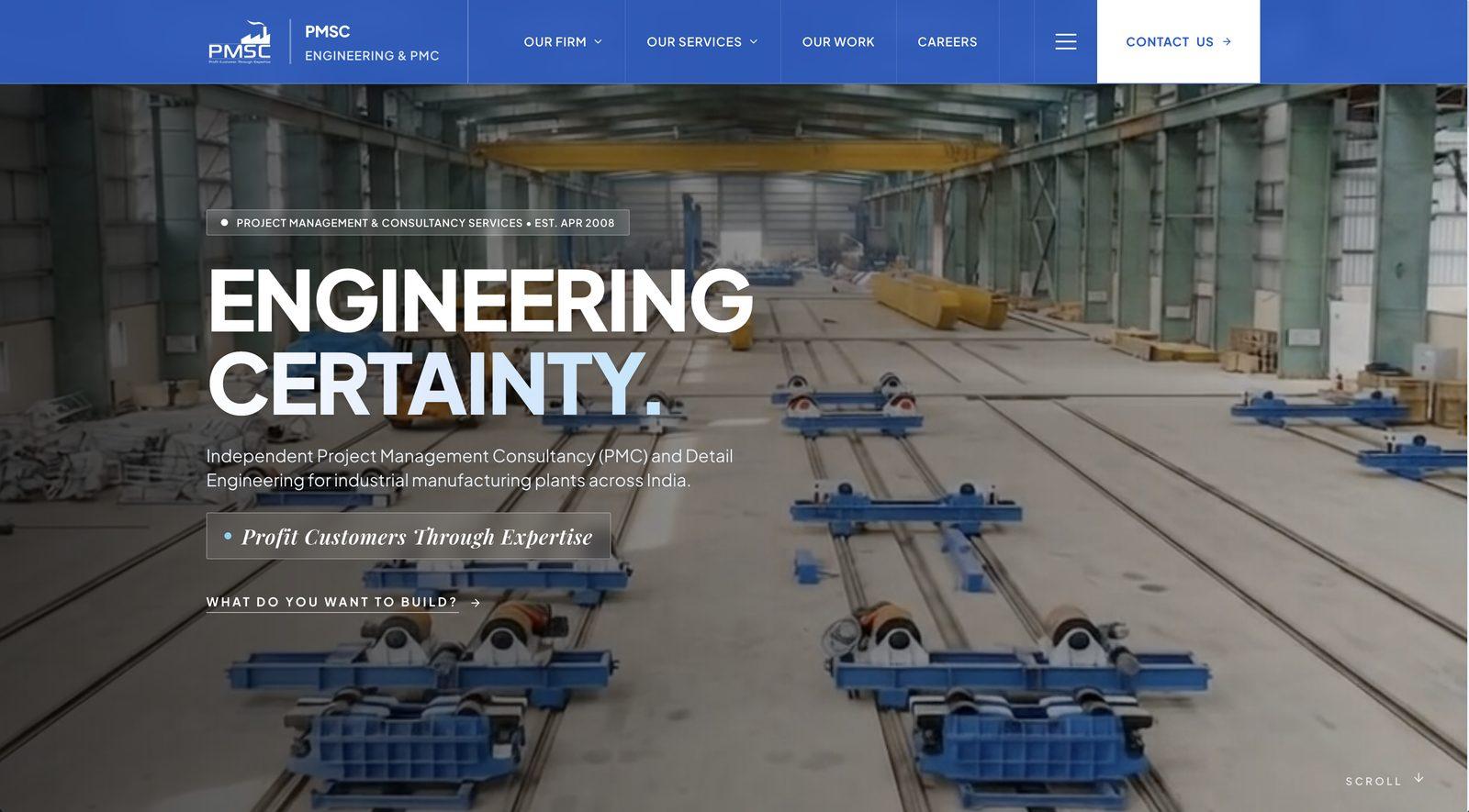 Minimalist corporate website UI design for PMSC, featuring clean typography and structured service layouts by Studio Nallan.
