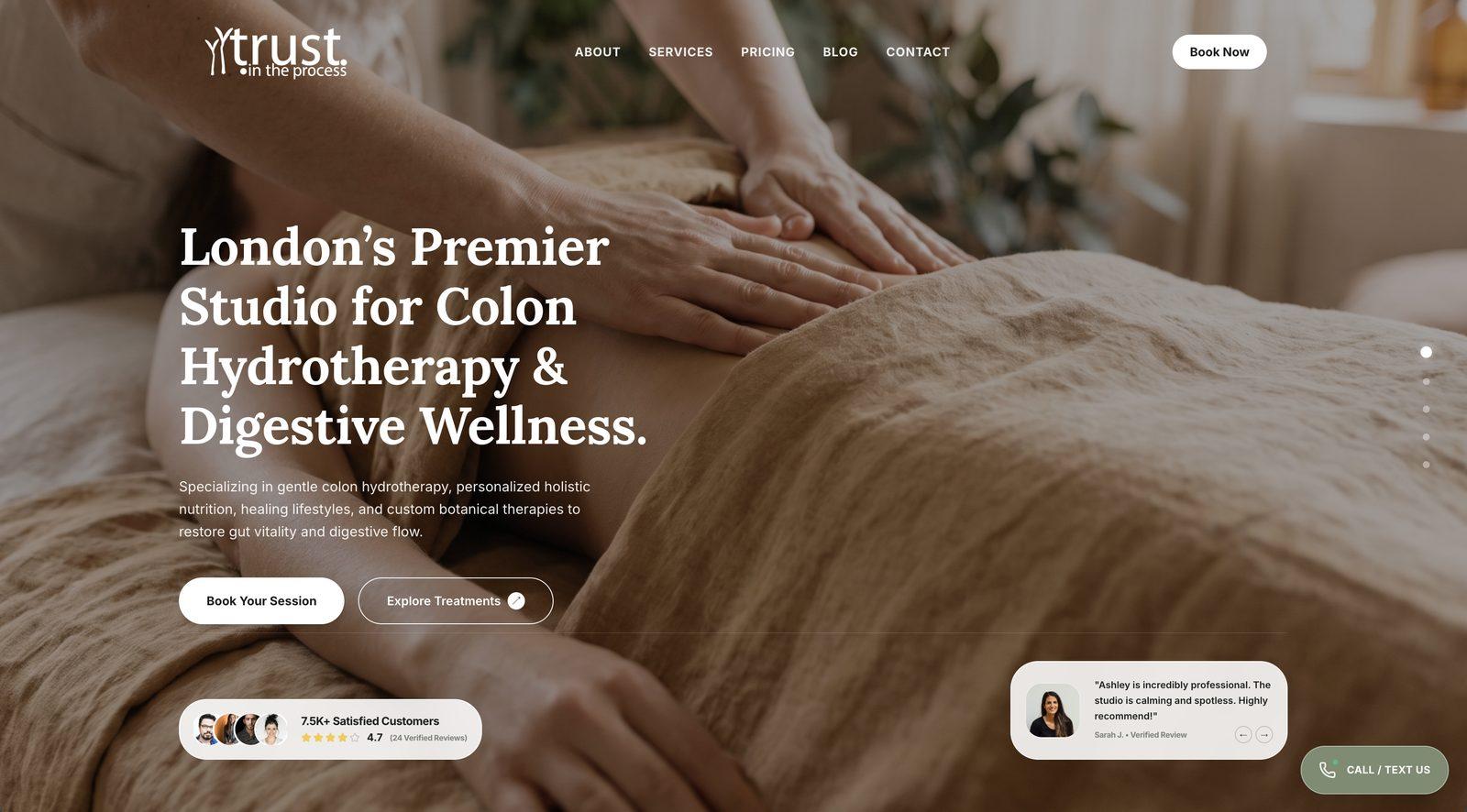 High-contrast clinical web design for Trust in the Process wellness practice in London, Ontario, with integrated patient booking.